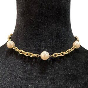 Vintage Gold-Tone Chain Necklace With Faux Pearl Accents & Lobster Clasp Closure